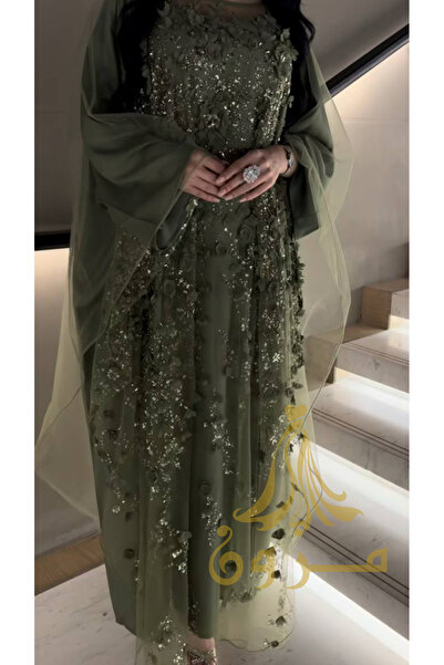 Mazoon Fashion Luxury Olive Evening Dress with Three Embroidery and Cape Sleeves