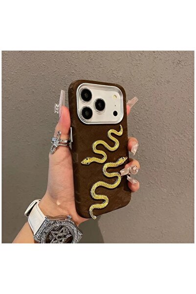Pro Aksesuar iPhone 17 Pro Compatible Case Snake Velvet Fabric Case Brown