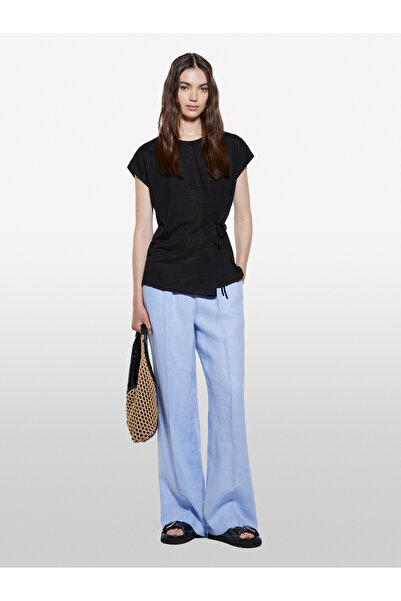 Sisley Дамска черна тениска с връзки отпред, от вискозна смес, с нормална кройка