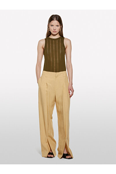 Sisley Women's dark khaki viscose blend halter neck Slim Fit tank top