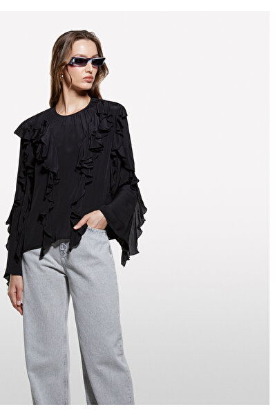 Sisley Women's black 100% viscose ruffle detailed comfort fit bohemian blouse