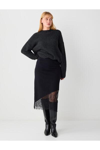 Jimmy Key Siyah Normal Bel Yumuşak Dokulu Dantelli Midi Etek