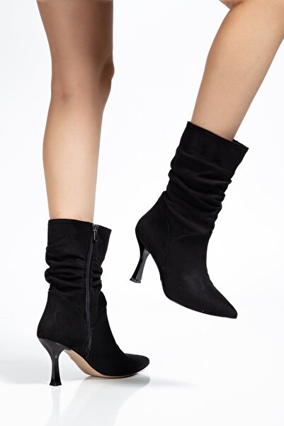 İnfon Ayakkabı Marketi Avrt-024 Black Suede Leather Pointed Toe Thin Heeled B...