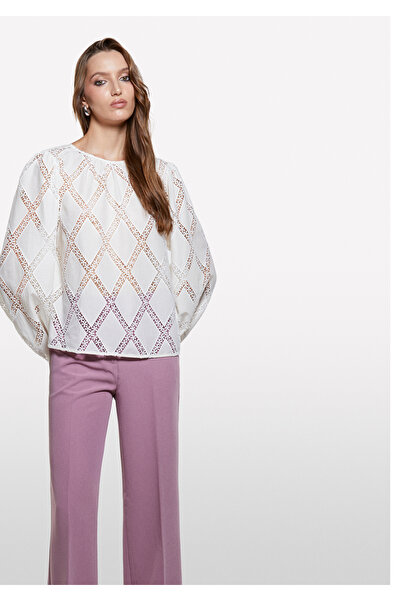 Sisley Bluză supradimensionat pentru femei, din amestec de bumbac crem, cu mâ...