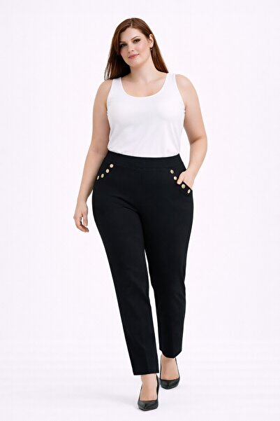 Şans Women's Plus Size Black, Ornamental Button Detail, Pocket Viscose Pants ...