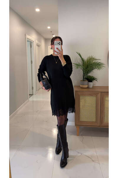 BİRCANÇİL Elesya Siyah Etek Ucu Dantel Detaylı Triko Elbise