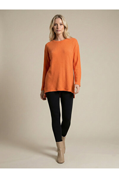 NEW JOURNAL Pulover portocaliu pentru femei cu textură moale guler rotund NJ11