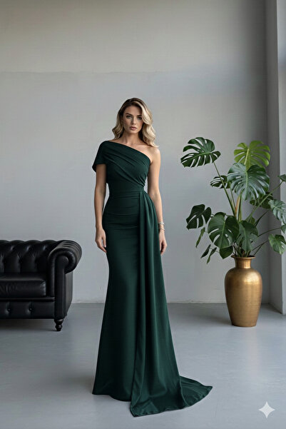 Alfudo Ewo Kuyruklu Tek Omuz Mavi Abiye Elbisesi