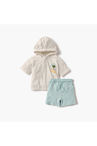 Juniors Graphic Print Hooded T-shirt and Shorts Set
