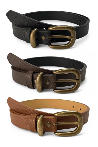 Gesa Women's Antique Plated Buckle 3-Piece Set Belt Black-Brown-Tan Trouser B...