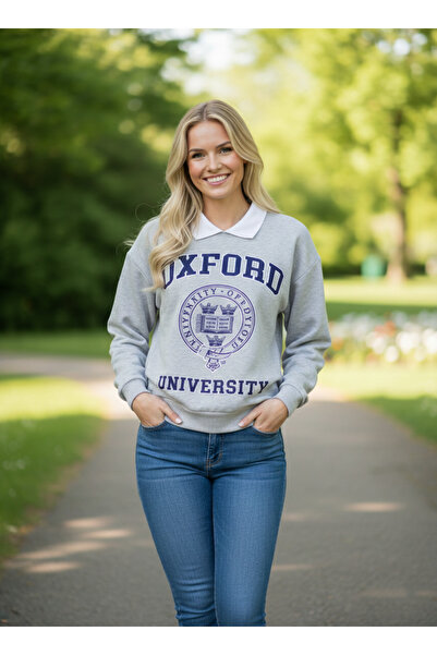 NEW JOURNAL Hanorac gri pentru femei cu imprimeu guler de cămașă NJ34