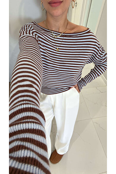 BİRCANÇİL Moldetra Brown Baby Blue One-Shoulder Open Striped Knitwear
