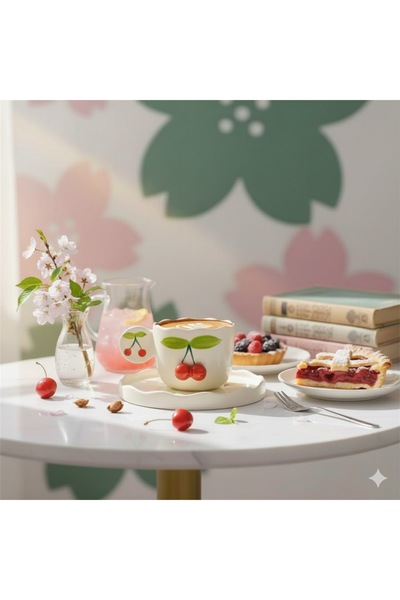PALTO TASARIM Cherry Design Teacup with Saucer - Gift Ceramic Mug