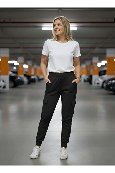 NEW JOURNAL Kadın Siyah 2 İplik Yüksek Bel Kargo Cepli Eşofman Altı NJ30