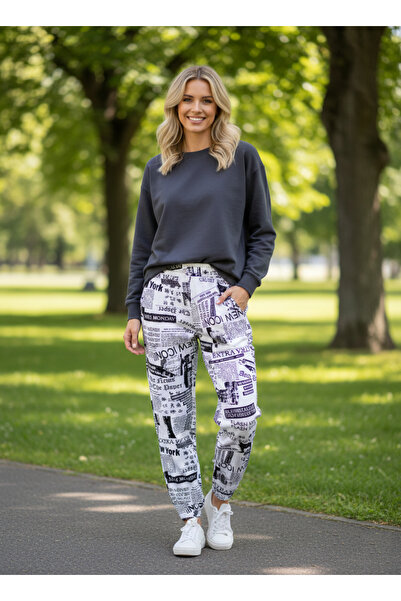 NEW JOURNAL Γυναικείο Μαύρο-Λευκό με τύπωμα Ψηλόμεσο Παντελόνι jogger Φούτερ ...