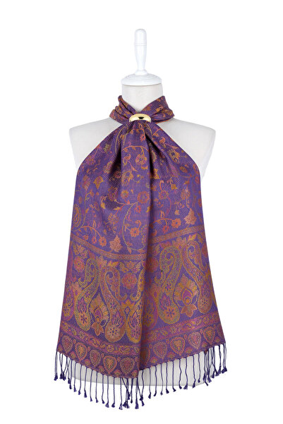 Bursa İpek albastru cobalt Eșarfă de mătase țesută Jamawar portocalie