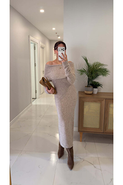BİRCANÇİL Dlvin Cunda Mink Melange Bardot Collar Soft Textured Dress