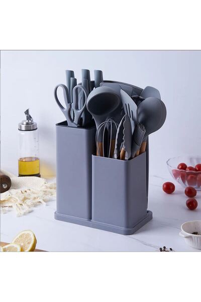 OEM Set 19 ustensile de gătit din silicon cu mânere din bambus, suport inclus...