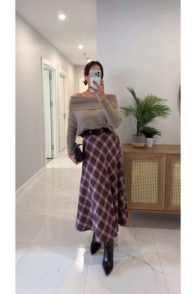 BİRCANÇİL تنورة جوناس ذات اللون البني البيج المزخرفة بحزام