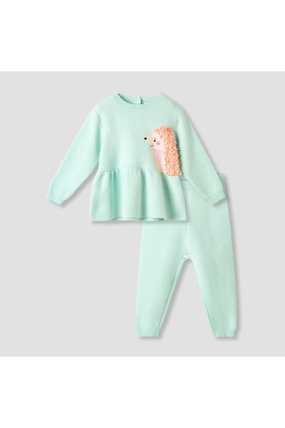 Juniors Round Neck Long Sleeve Peplum Sweater and Pants Set with Applique Accent