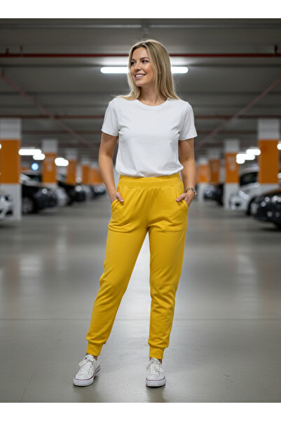 NEW JOURNAL Kadın Sarı 2 İplik Yüksek Bel Paçası Lastikli Eşofman Altı NJ20