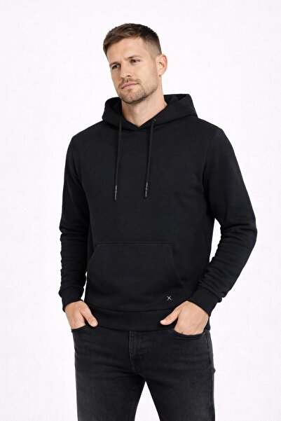 Polo State Men's Hooded 3 İplik İçi Şa Fleece-Lined Flow Sweatshirt Black