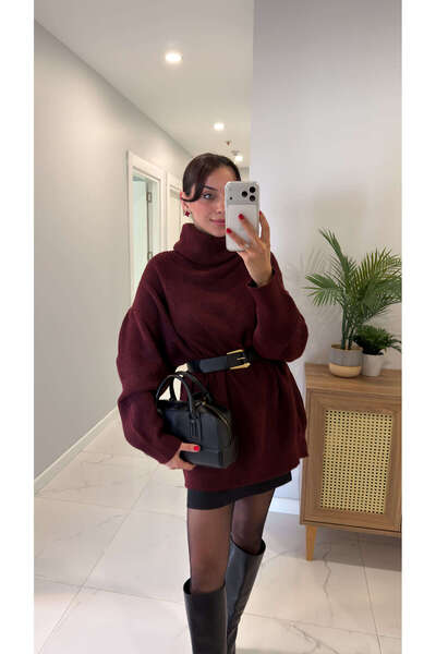 BİRCANÇİL Dlvin Jula Burgundy Turtleneck Oversized Knitwear
