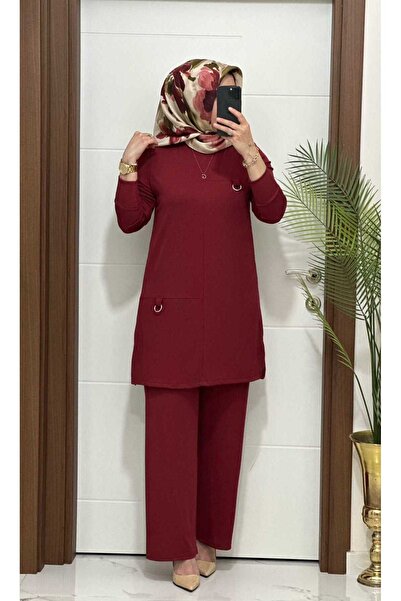 modasura 1333 K 90 bordo tokalı fitilli burgu kumaş tunik pantolon takım buyu...