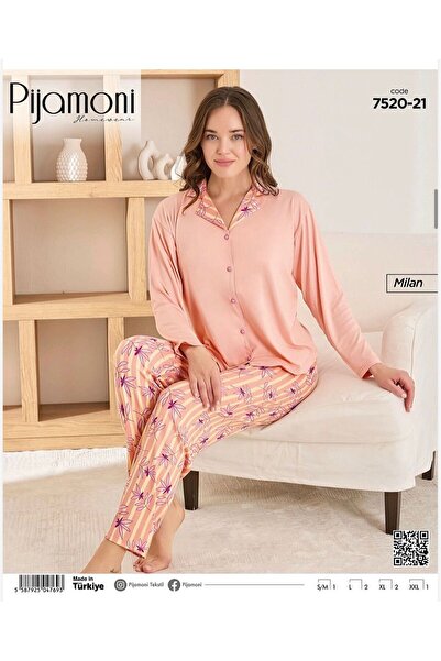 Pijamoni Kadın Milan Kumaş Uzun Kollu Düğmeli Pijama Takımı