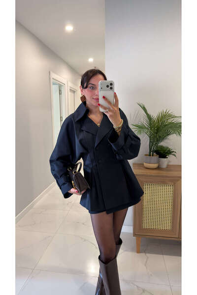 BİRCANÇİL Wenedic Navy Blue Trench Coat Shorts Skirt Set