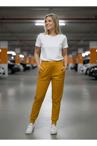 NEW JOURNAL Kadın Hardal 2 İplik Yüksek Bel Paçası Lastikli Eşofman Altı NJ20