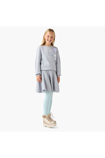 Juniors طقم بناتي مكون من كنزة مزينة بالترتر على شكل نجمة وتنورة وجوارب - صوف...