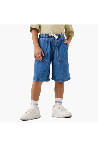 Lee Cooper Solid Denim Shorts with Drawstring Closure and Pockets