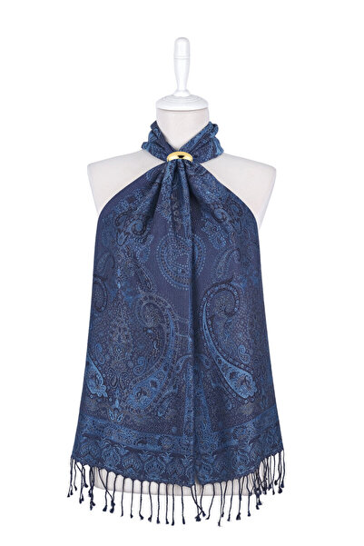 Bursa İpek Eșarfă din mătase țesută Jamawar neagră indigo