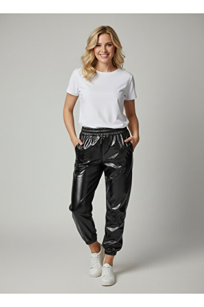 NEW JOURNAL Kadın Siyah Metalik Deri Görünümlü Jogger Pantolon NJ36