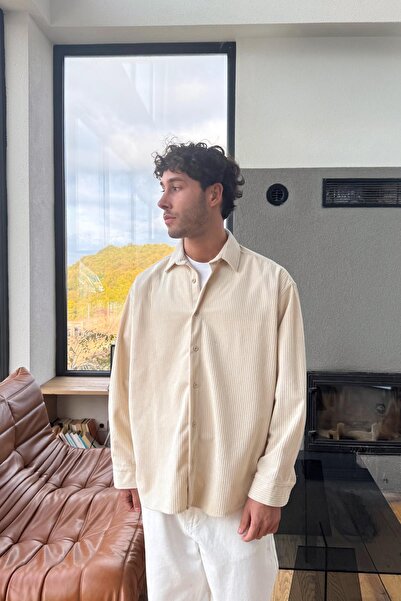 Flaw Wear Fitilli Kadife Oversize Gömlek Bej