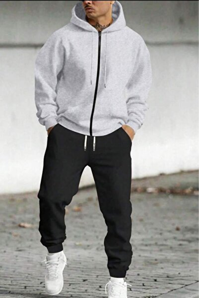 NO 601 Men's Grimelange Full Zip Hooded Cardigan Black Sweatpants Set