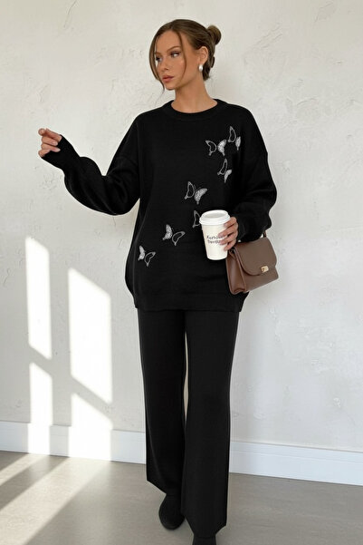 NEWCO Stone Butterfly Embroidered Sweater and Pants Knitwear Set