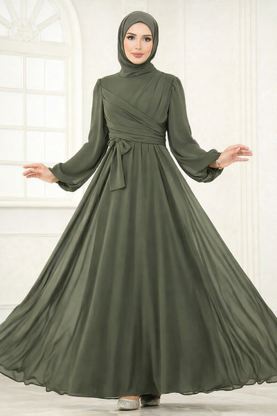 sweetyar Kuşaklı Kruvaze Şifon Elbise – Uzun Kollu Haki Tesettür Elbise-2823