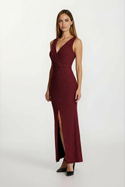 Spazio Deglia Kruvaze Asimetrik Taşlı Uzun Abiye Elbise BORDO
