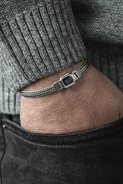 FRNCH 925 Ayar Gümüş Siyah Zirkon Taşlı Gümüş Renk Erkek Bileklik FRJ12742-37...