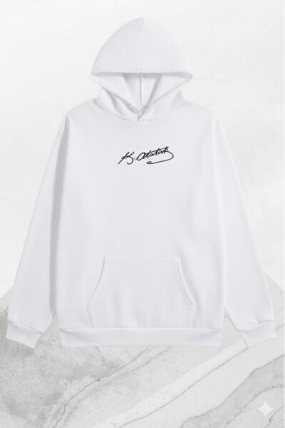 CAST COLLECTİON Unisex λευκό φούτερ με στάμπα Ατατούρκ και κουκούλα