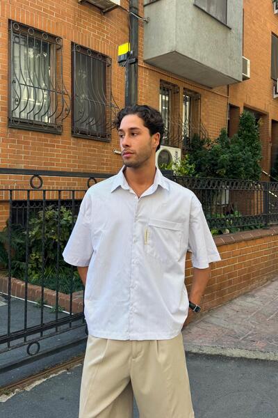 Flaw Wear Ριγέ oversized κοντομάνικο πουκάμισο μπεζ