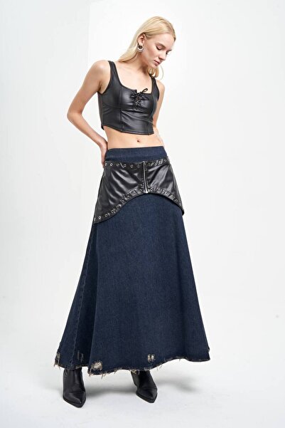 tw3 Fusta lungă din denim pentru femei, cu detaliu din piele și cu ochiuri