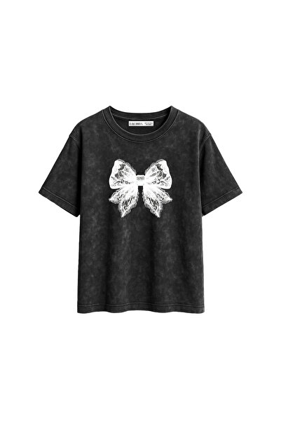 CİNEMA MODA Lace Cute Ribbon cu imprimeu croi relaxat Lavabil Negru Femei tricou