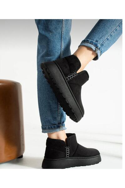 kismet kundura Cizme scurte din shearling cu toc gros pentru femei negre UG01NAV