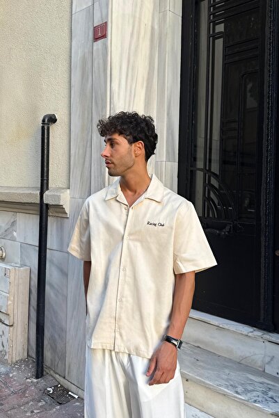 Flaw Wear Cămașă cu mânecă scurtă brodată Racing Club, bej