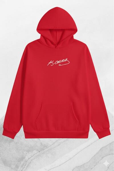 CAST COLLECTİON Unisex Κόκκινο Φούτερ με στάμπα Ατατούρκ και κουκούλα