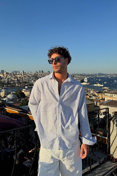 Flaw Wear Yatay Çizgili Oversize Gömlek Lacivert