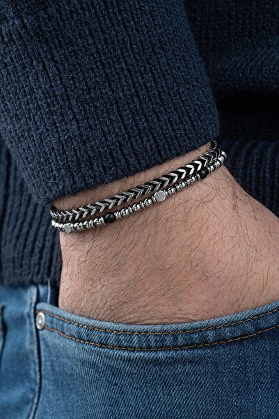 FRNCH 316L Çelik ve Onyx Doğal Taşlı Siyah Renk Erkek Bileklik FRJ12778-3778-AS